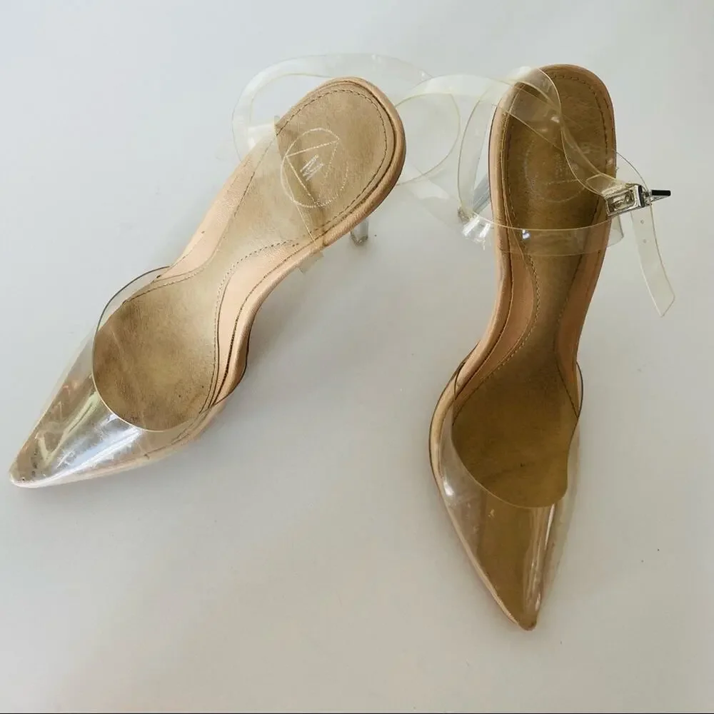 MISSGUIDED Nude Tan Clear Ankle Strap Pointy Toe 90s Stiletto Heels Pumps 9